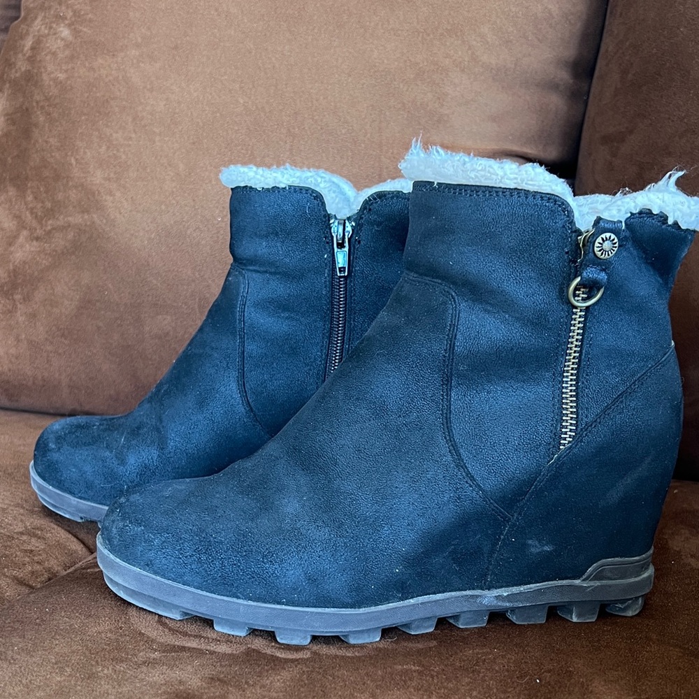 Yellow Box Black Faux-Suede Wedge Ankle Boots with White Faux-Fur Trim